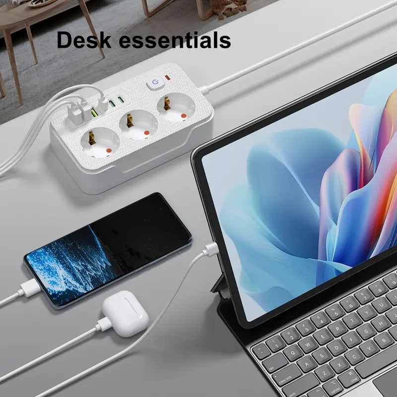 Europos standarto daugiafunkcinis lizdas su 3 USB ir Type-C, 100–250V, 10–16A, 2500W