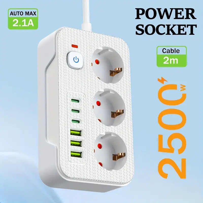 Europos standarto daugiafunkcinis lizdas su 3 USB ir Type-C, 100–250V, 10–16A, 2500W