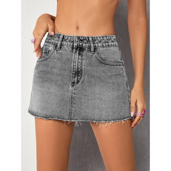 Fustă denim cu franjuri în stil Y2K, căptușită cu fleece, talie cu șnur, lungă