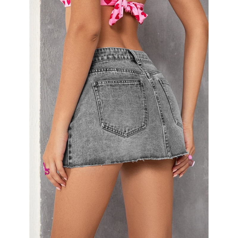 Fustă denim cu franjuri în stil Y2K, căptușită cu fleece, talie cu șnur, lungă