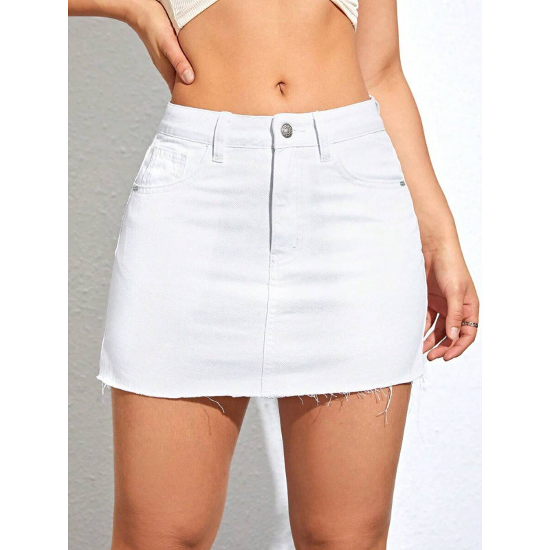 Fustă denim cu franjuri în stil Y2K, căptușită cu fleece, talie cu șnur, lungă