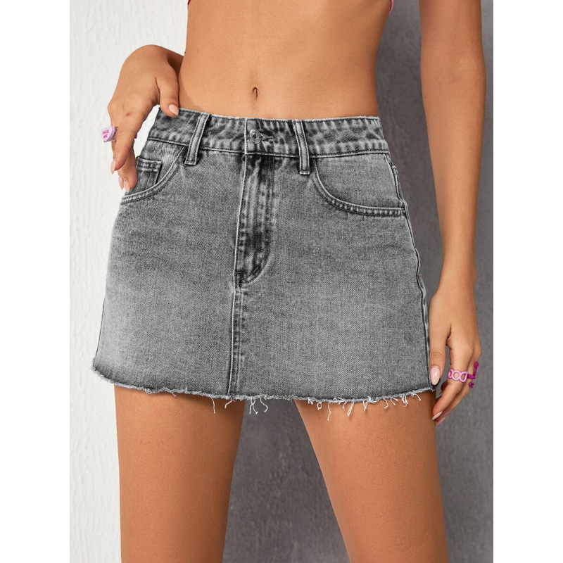 Fustă denim cu franjuri în stil Y2K, căptușită cu fleece, talie cu șnur, lungă