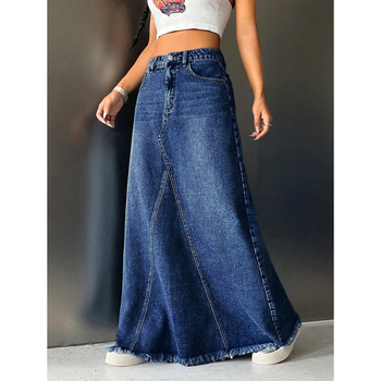 Fustă lungă de denim, căptușită cu fleece, croială dreaptă, talie dublă, croială liberă