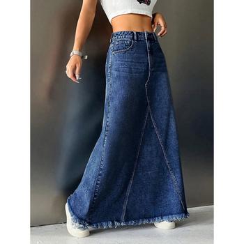 Fustă lungă de denim, căptușită cu fleece, croială dreaptă, talie dublă, croială liberă