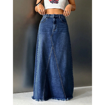 Fustă lungă de denim, căptușită cu fleece, croială dreaptă, talie dublă, croială liberă