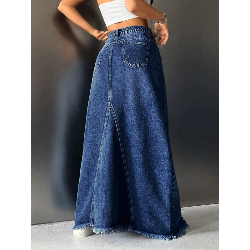 Fustă lungă de denim, căptușită cu fleece, croială dreaptă, talie dublă, croială liberă