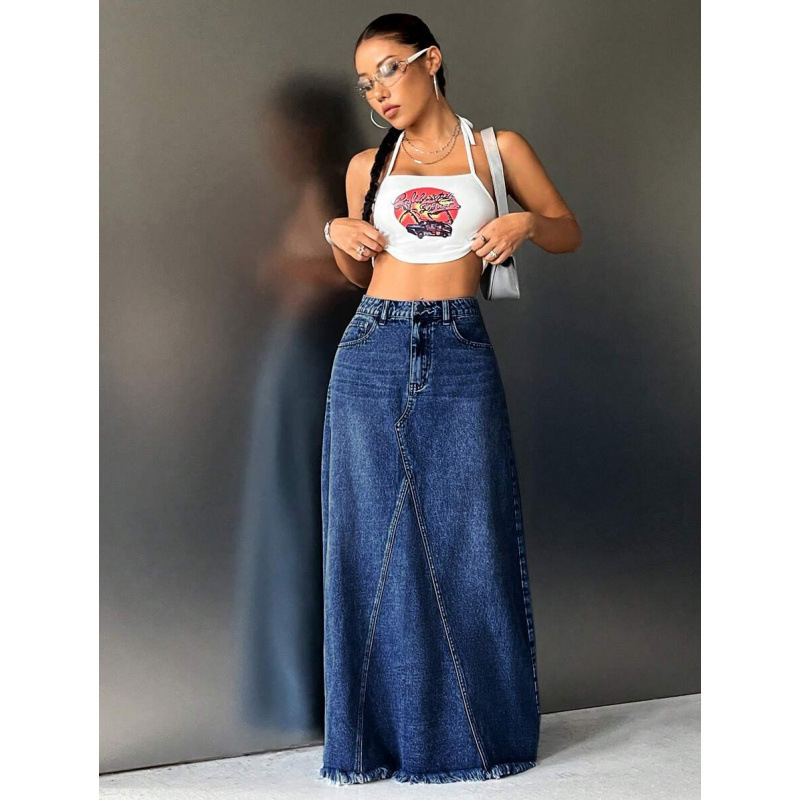 Fustă lungă de denim, căptușită cu fleece, croială dreaptă, talie dublă, croială liberă