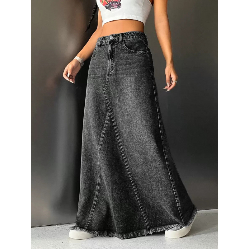 Fustă lungă de denim, căptușită cu fleece, croială dreaptă, talie dublă, croială liberă