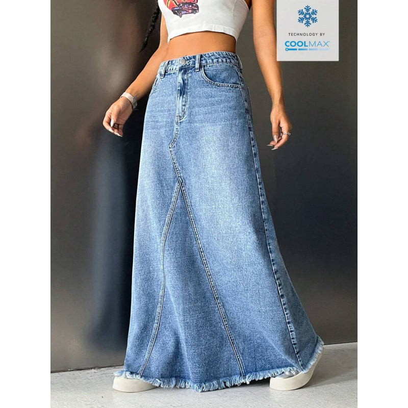 Fustă lungă de denim, căptușită cu fleece, croială dreaptă, talie dublă, croială liberă