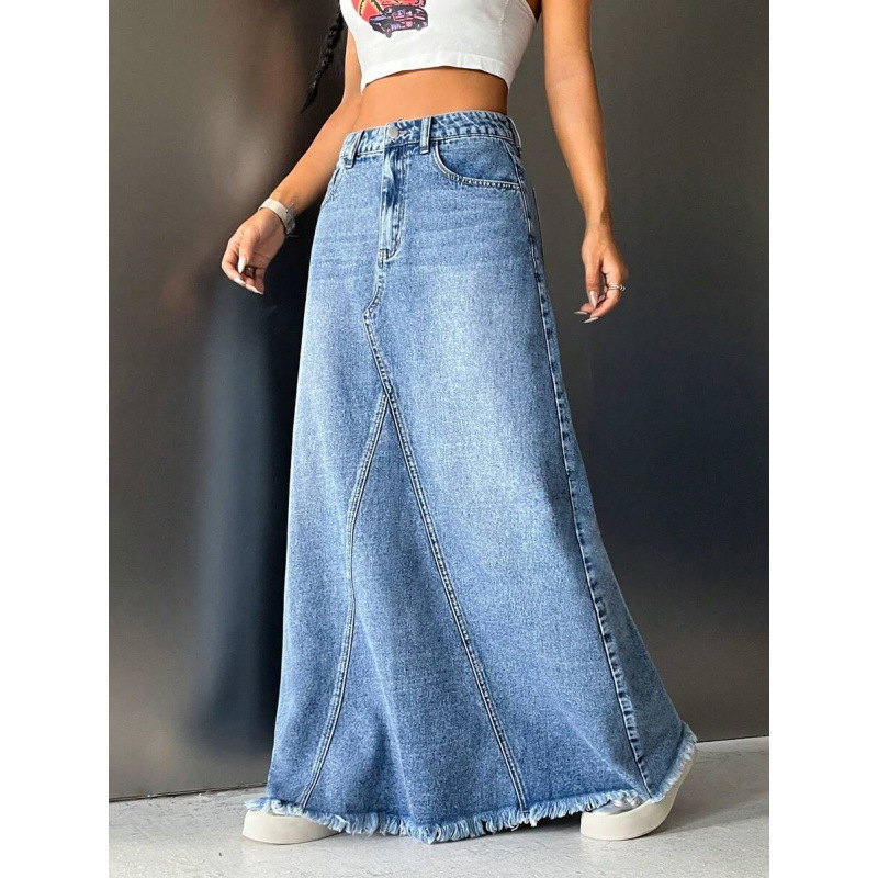 Fustă lungă de denim, căptușită cu fleece, croială dreaptă, talie dublă, croială liberă