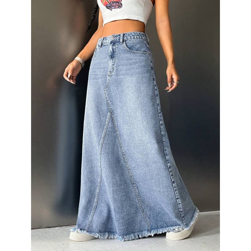 Fustă lungă de denim, căptușită cu fleece, croială dreaptă, talie dublă, croială liberă