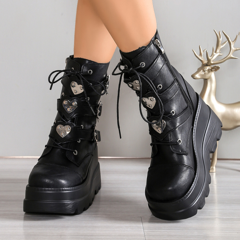 Női Martin csizma – Punk stílus, Wedge sarok (8 cm felett), Kerek orr, PU felsőrész, Hátsó cipzár