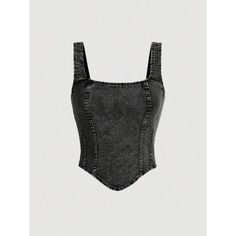 Vesta din denim pentru femei, bretele late, spate gol, stil casual