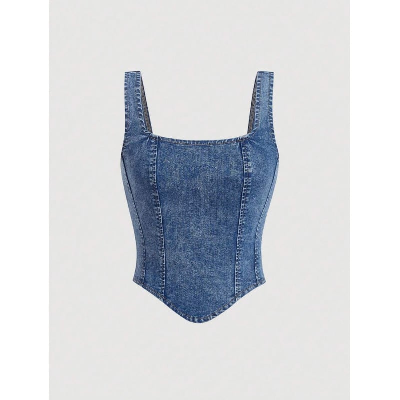 Vesta din denim pentru femei, bretele late, spate gol, stil casual