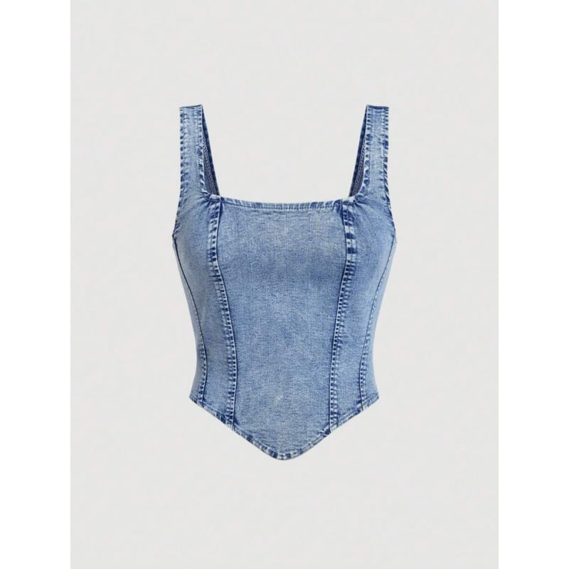 Vesta din denim pentru femei, bretele late, spate gol, stil casual