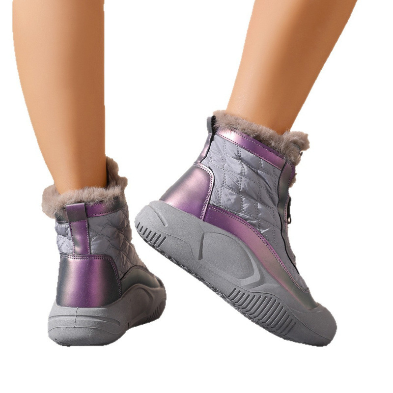 Botosei de iarnă pentru femei cu talpă groasă, Căptușeală din fleece sintetic, fermoar frontal, vârf rotund, înălțime medie a gleznei (Talpă groasă; Căptușeală fleece; Fermoar frontal; Vârf rotund; Înălțime medie a gleznei)