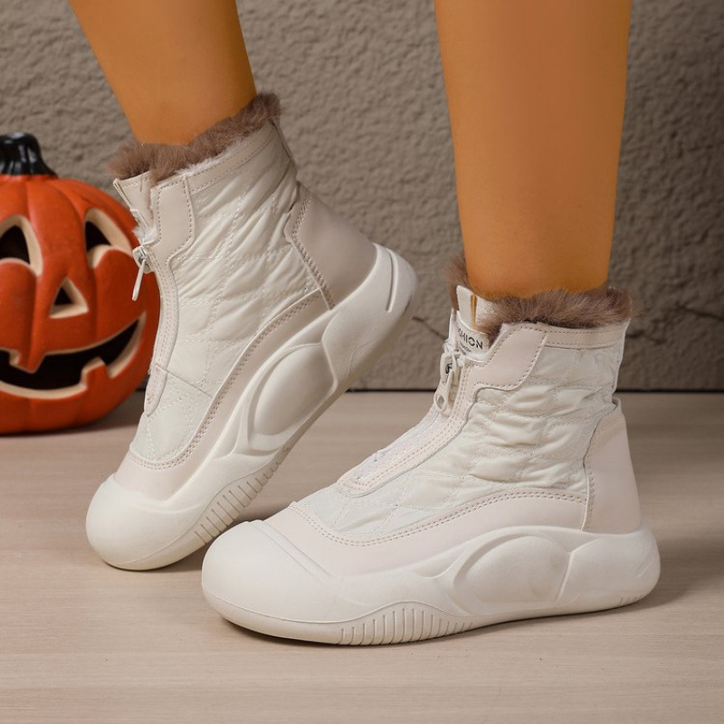Botosei de iarnă pentru femei cu talpă groasă, Căptușeală din fleece sintetic, fermoar frontal, vârf rotund, înălțime medie a gleznei (Talpă groasă; Căptușeală fleece; Fermoar frontal; Vârf rotund; Înălțime medie a gleznei)