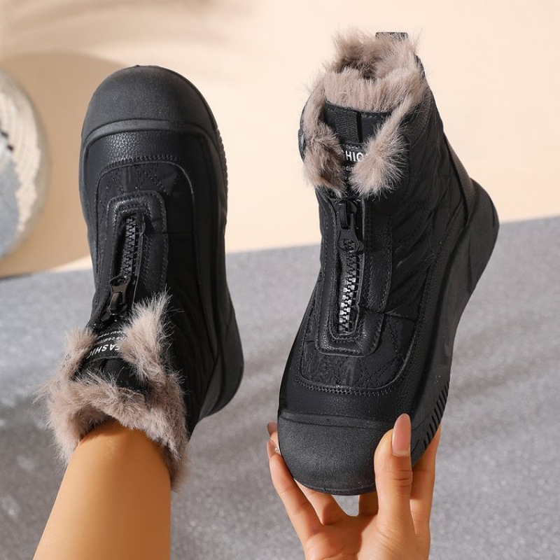 Botosei de iarnă pentru femei cu talpă groasă, Căptușeală din fleece sintetic, fermoar frontal, vârf rotund, înălțime medie a gleznei (Talpă groasă; Căptușeală fleece; Fermoar frontal; Vârf rotund; Înălțime medie a gleznei)