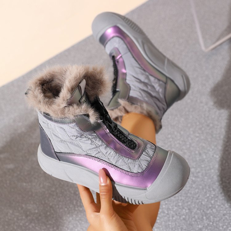 Botosei de iarnă pentru femei cu talpă groasă, Căptușeală din fleece sintetic, fermoar frontal, vârf rotund, înălțime medie a gleznei (Talpă groasă; Căptușeală fleece; Fermoar frontal; Vârf rotund; Înălțime medie a gleznei)