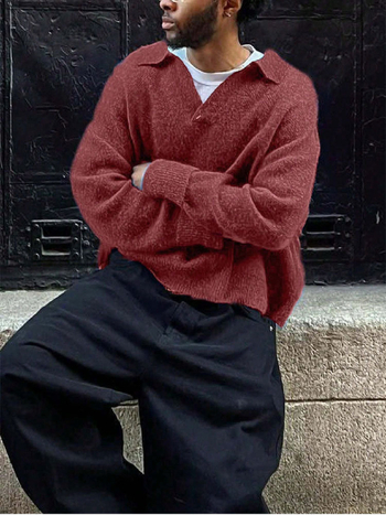 Мъжка плетена риза с V-образно деколте, свободен крой, жакардова тъкан, 100% акрил – есен 2025