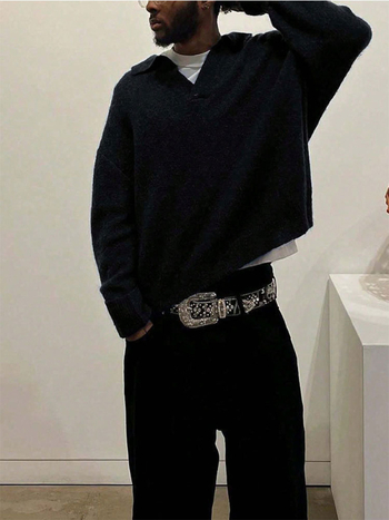 Мъжка плетена риза с V-образно деколте, свободен крой, жакардова тъкан, 100% акрил – есен 2025