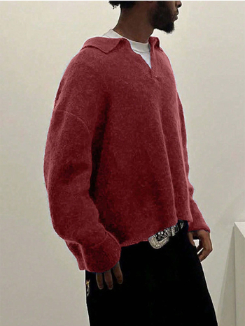 Мъжка плетена риза с V-образно деколте, свободен крой, жакардова тъкан, 100% акрил – есен 2025