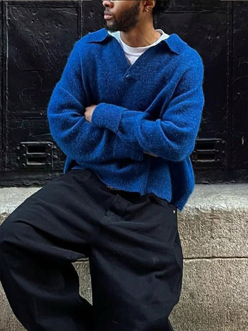 Мъжка плетена риза с V-образно деколте, свободен крой, жакардова тъкан, 100% акрил – есен 2025