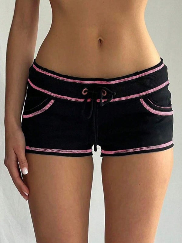Женски полиестерови къси панталони с ниска талия и колажни панели, лято 2025, секси стил