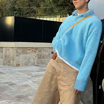 Трикотажно външно облекло за мъже – свободен силует, жакард, яка Turn-Down, 100% найлон