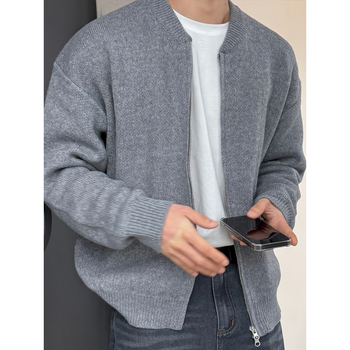 Cardigan tricotat pentru bărbați, croială lejeră, guler rotund, mâneci lungi, amestec de bumbac-poliester, ținută casual