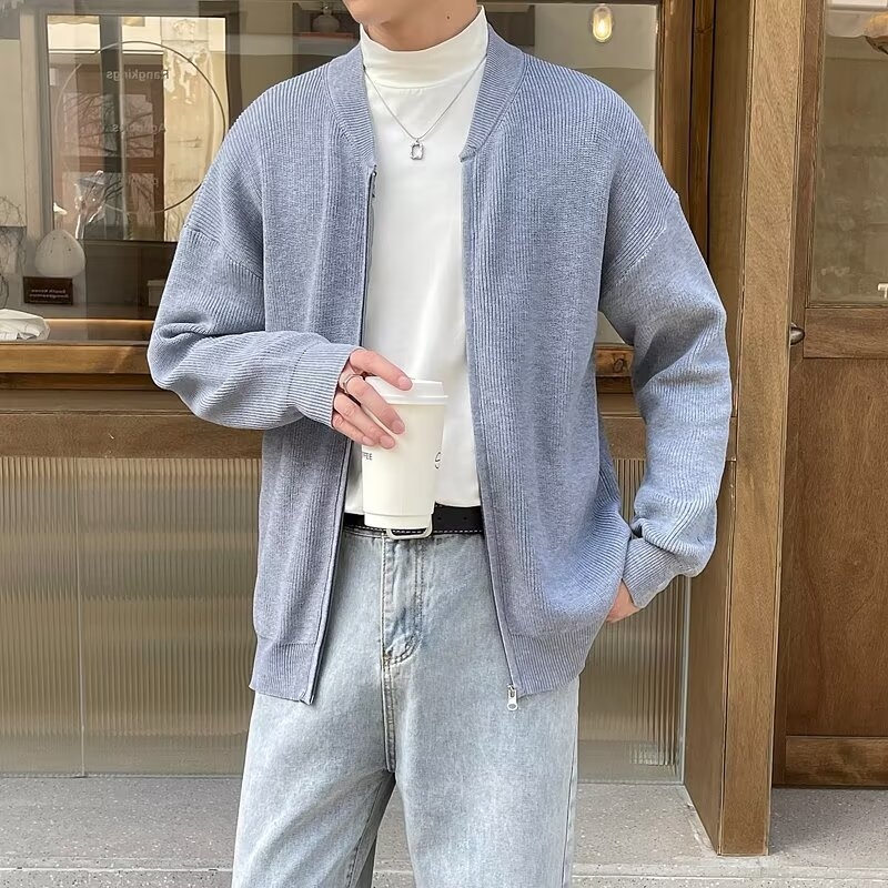 Cardigan tricotat pentru bărbați, croială lejeră, guler rotund, mâneci lungi, amestec de bumbac-poliester, ținută casual