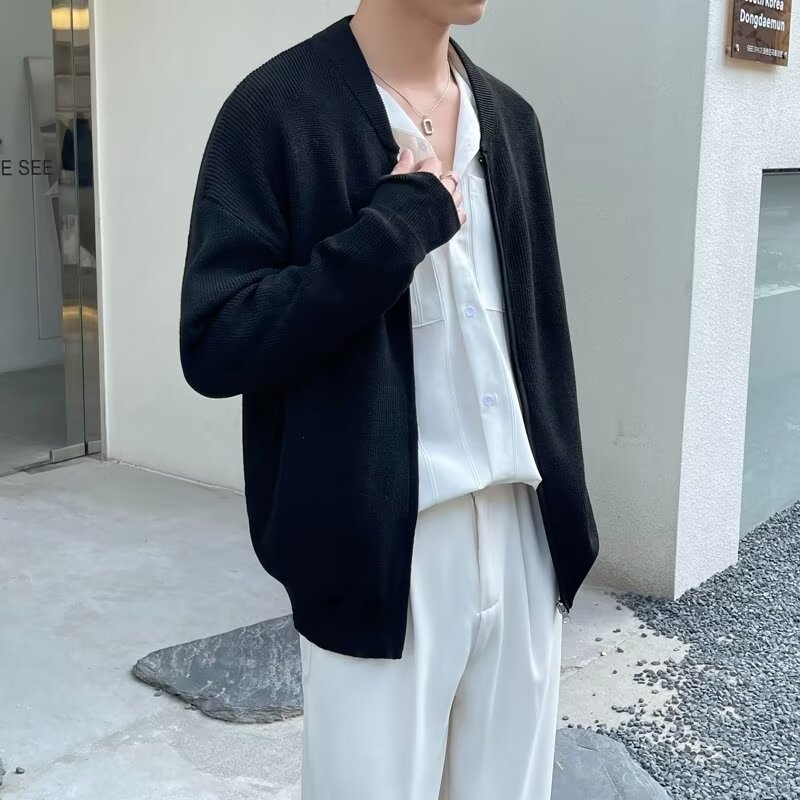 Cardigan tricotat pentru bărbați, croială lejeră, guler rotund, mâneci lungi, amestec de bumbac-poliester, ținută casual