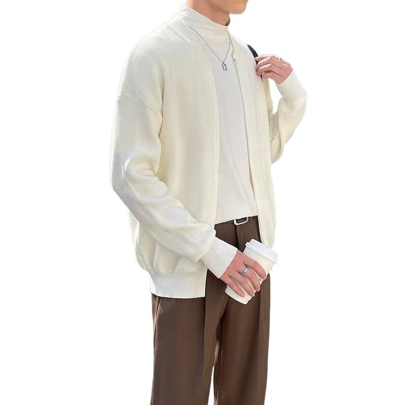 Cardigan tricotat pentru bărbați, croială lejeră, guler rotund, mâneci lungi, amestec de bumbac-poliester, ținută casual