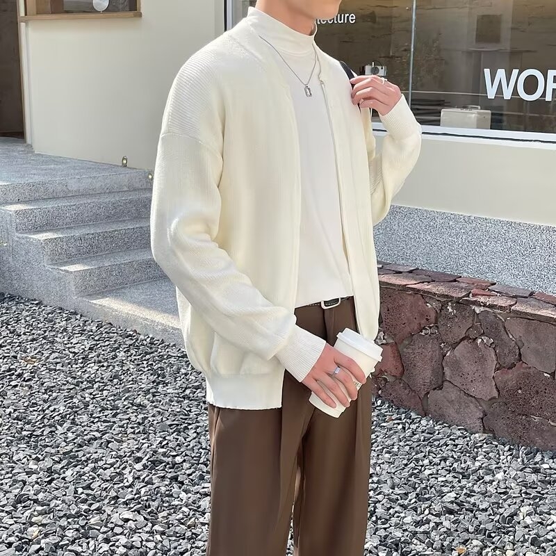 Cardigan tricotat pentru bărbați, croială lejeră, guler rotund, mâneci lungi, amestec de bumbac-poliester, ținută casual