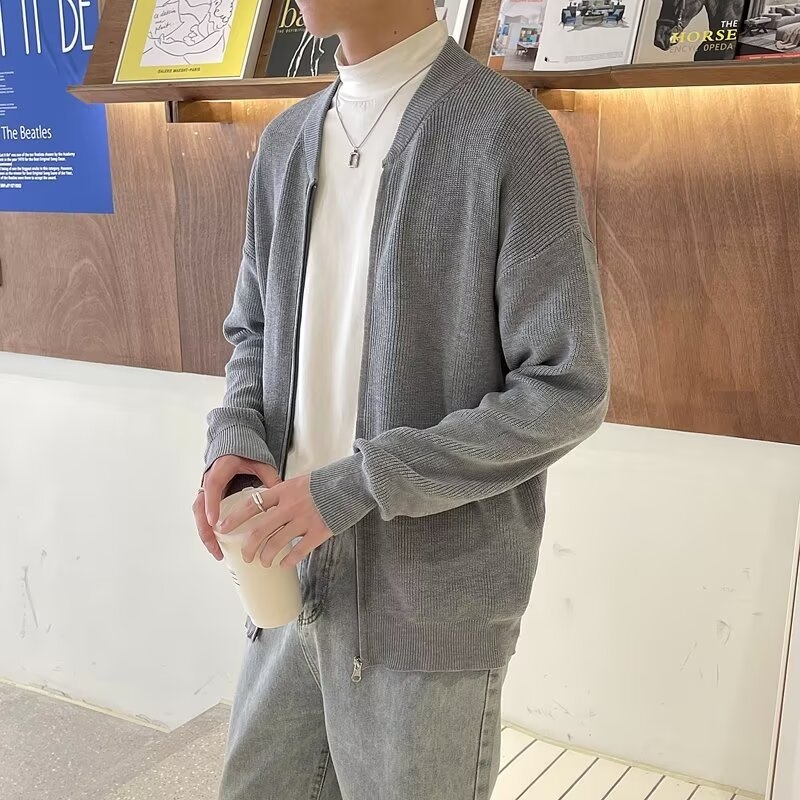 Cardigan tricotat pentru bărbați, croială lejeră, guler rotund, mâneci lungi, amestec de bumbac-poliester, ținută casual