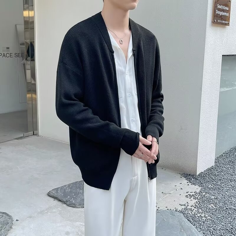 Cardigan tricotat pentru bărbați, croială lejeră, guler rotund, mâneci lungi, amestec de bumbac-poliester, ținută casual