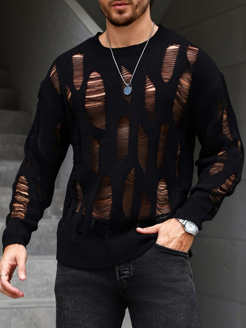 Pulover tricotat cu decupaje și perforații, guler rotund, mâneci lungi, lungime medie (65–80 cm), 100% poliester, fir regulat.