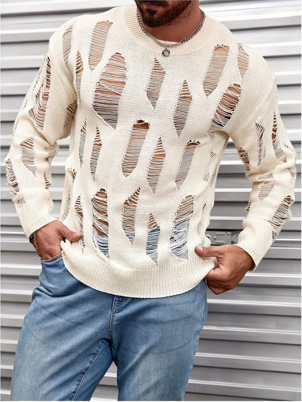 Pulover tricotat cu decupaje și perforații, guler rotund, mâneci lungi, lungime medie (65–80 cm), 100% poliester, fir regulat.