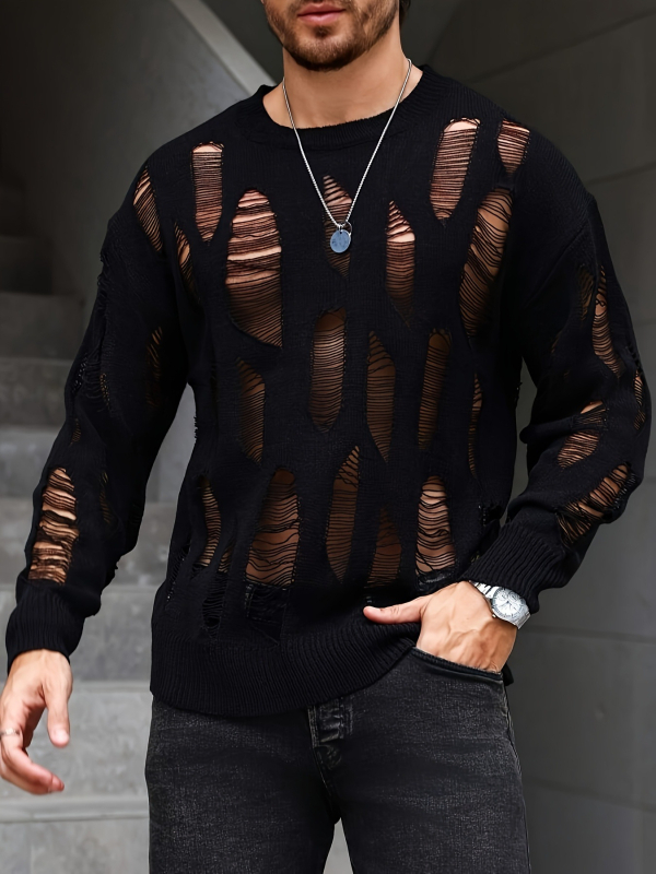 Pulover tricotat cu decupaje și perforații, guler rotund, mâneci lungi, lungime medie (65–80 cm), 100% poliester, fir regulat.