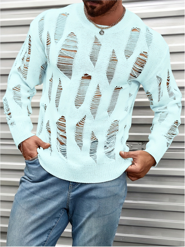 Pulover tricotat cu decupaje și perforații, guler rotund, mâneci lungi, lungime medie (65–80 cm), 100% poliester, fir regulat.