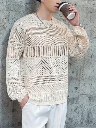 Pulover tricotat în stil coreean, croială slim, cu design perforat, guler rotund, mâneci lungi, acrilic 100%