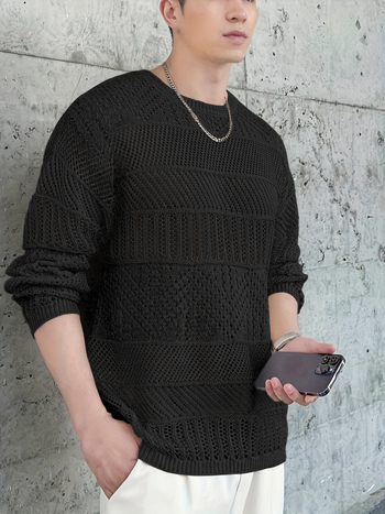 Pulover tricotat în stil coreean, croială slim, cu design perforat, guler rotund, mâneci lungi, acrilic 100%