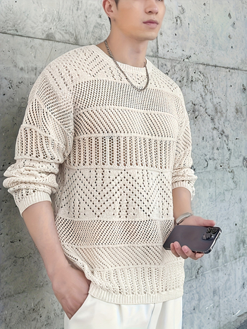 Pulover tricotat în stil coreean, croială slim, cu design perforat, guler rotund, mâneci lungi, acrilic 100%