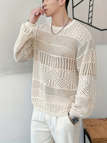 Pulover tricotat în stil coreean, croială slim, cu design perforat, guler rotund, mâneci lungi, acrilic 100%