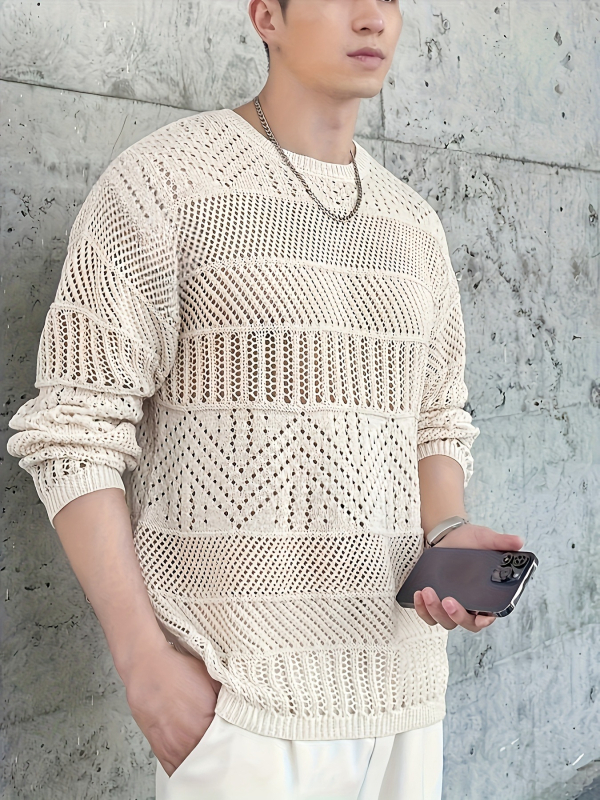 Pulover tricotat în stil coreean, croială slim, cu design perforat, guler rotund, mâneci lungi, acrilic 100%