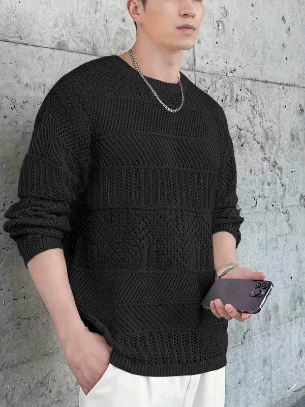 Pulover tricotat în stil coreean, croială slim, cu design perforat, guler rotund, mâneci lungi, acrilic 100%