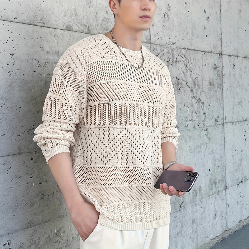 Pulover tricotat în stil coreean, croială slim, cu design perforat, guler rotund, mâneci lungi, acrilic 100%