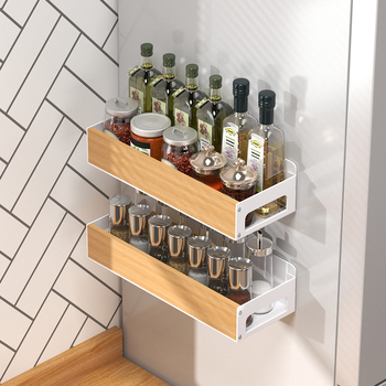 Magnetinis sieninis virtuvės saugojimo lentynas prieskoniams ir padažams — anglies plienas, modelis 1128M#W/1129M#W, paviršiaus apdaila kepimo dažais/purškiamais dažais, 1 arba 2 lentynos, be gręžimo