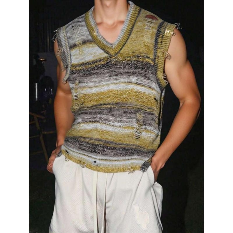 R6323 Laisvo kirpimo dryžuota liemenė, Corduroy audinys, Linas, Sportinis stilius