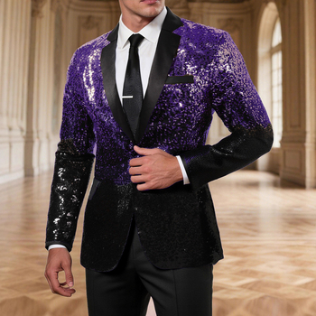 Vyrų kostiumo švarkas: siaura kirpimo linija, blizgučiai, šalikėlio tipo apykaklė, užsegamas vienu sagu